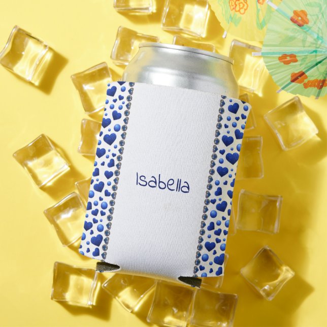 Porta-lata Nome personalizado, coração brilhante azul pode re (Verão in situ)