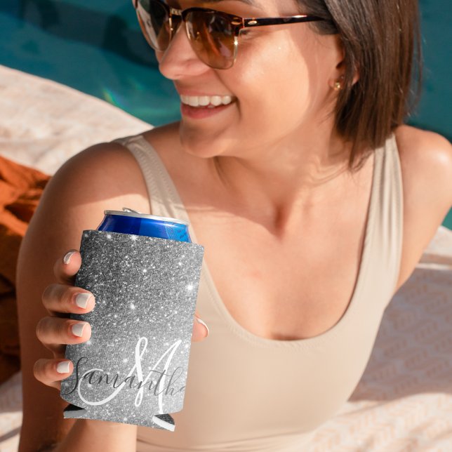 Porta-lata Nome Personalizado da Glitter da Cinza Moderna (Criador carregado)