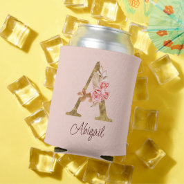 Porta-lata Nome Personalizado Folha de Ouro Blush Rosas Rosa