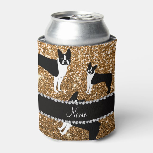 Porta-lata Nome personalizado glitter de ouro boston terrier (Can Front)