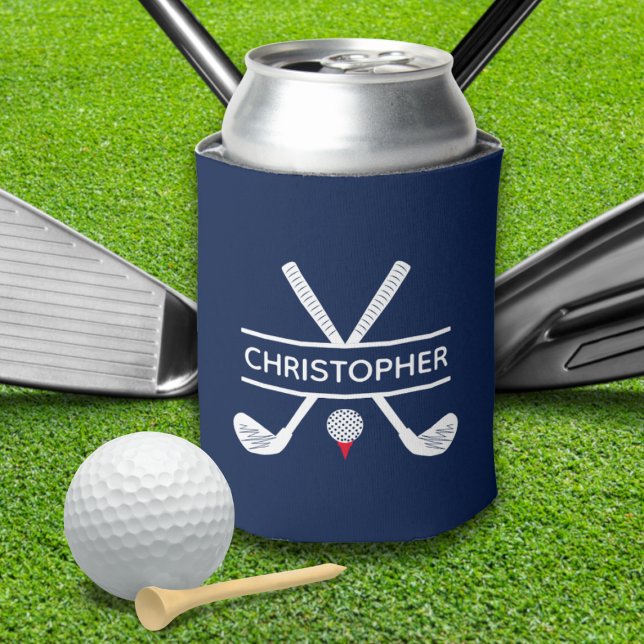 Porta-lata Nome Personalizado Golf Azul Branco Vermelho (Custom Name Red White Blue Golf Can Cooler)