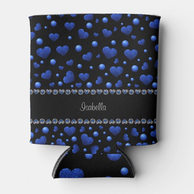 Porta-lata Nome personalizado, padrão de brilho cardíaco azul (Frente)