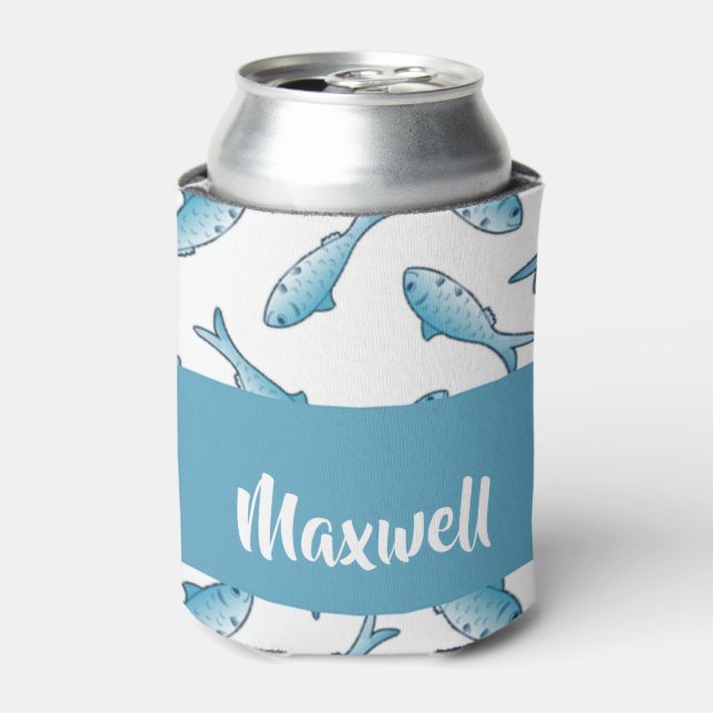 Porta-lata Nome personalizado peixe azul em branco (Can Front)