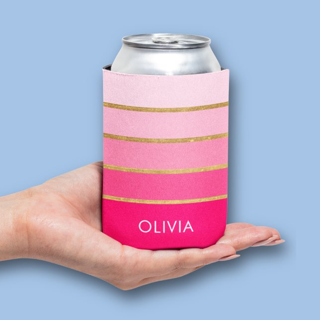 Porta-lata Nome Personalizado Rosa e Dourado (Pink and gold striped personalized can cooler)
