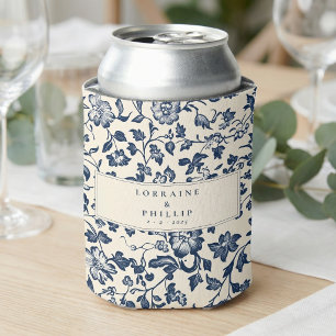 Porta-lata Nomes de casamento florais vintage em azul naval e