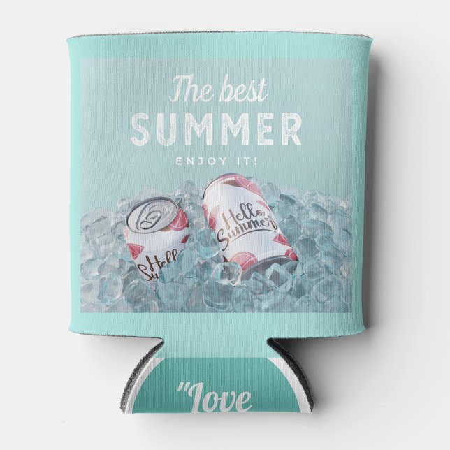 Porta-lata O Melhor Verão (A can cooler with a light blue background, featuring the text "The best SUMMER" and "ENJOY IT!" )