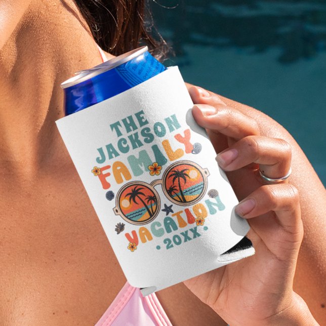 Porta-lata Óculos de sol das palmeiras retro groovó de férias (Criador carregado)