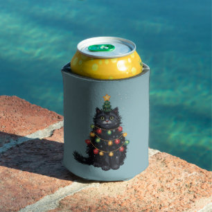 Porta-lata Óleo em tela de árvore de Natal com gato preto alt