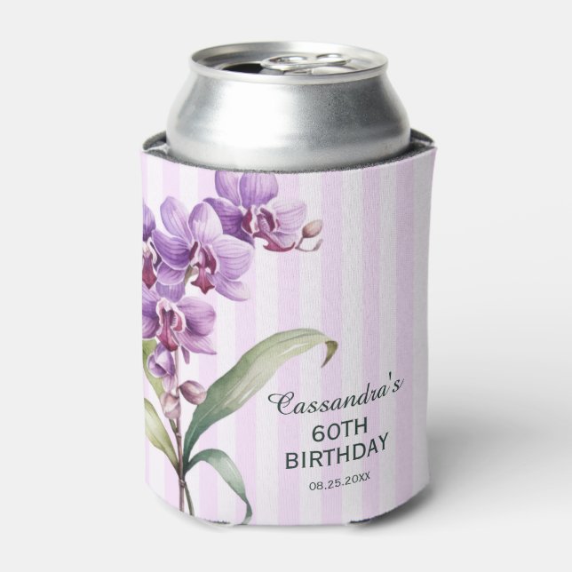 Porta-lata Orquídea Roxa Moderna Stripes Floral 60º Aniversár (Can Front)