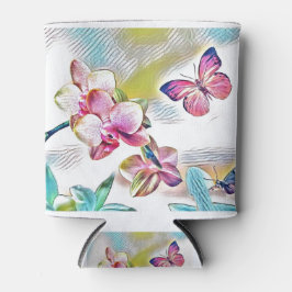 Porta-lata Orquídeas, flores e borboletas cor-de-rosa