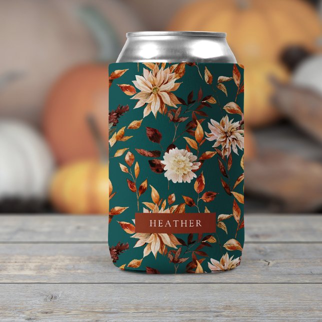 Porta-lata Outono Teal (Teal Fall Leaves Floral Personalized Can Cooler by Painted Paperie
)