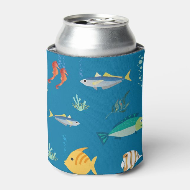 Porta-lata Padrão Azul Ilustrado de Peixe e Cavalo-Marinho Mo (Can Front)