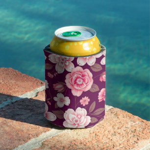 Porta-lata Padrão brilhante de flores cor-de-rosa em roxo
