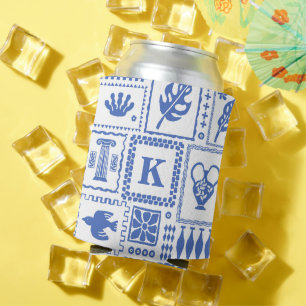 Porta-lata Padrão de Abstrato branco azul moderno monograma