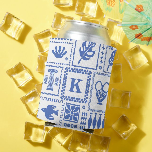 Porta-lata Padrão de Abstrato branco azul moderno monograma (Verão in situ)