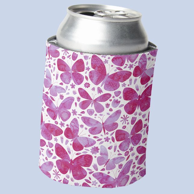 Porta-lata Padrão de Borboleta Aquarela Magenta Rosa Quente (Magenta hot pink watercolor butterfly pattern can cooler)
