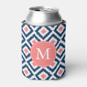 Porta-lata Padrão de Ikat de Coral e Azul Monograma