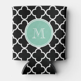 Porta-lata Padrão de Quatrefoil Preto, Monograma Verde Mint