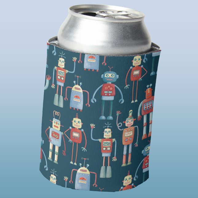 Porta-lata Padrão de Robô Retroativo Divertido (Retro robot pattern fun can cooler)