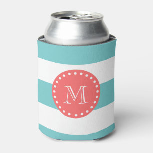 Porta-lata Padrão de Stripes Brancas Azuis Teais, Monograma