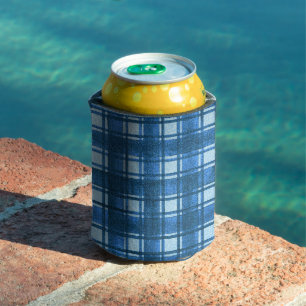 Porta-lata Padrão de Xadrez de Denim Moderno Azul e Branco