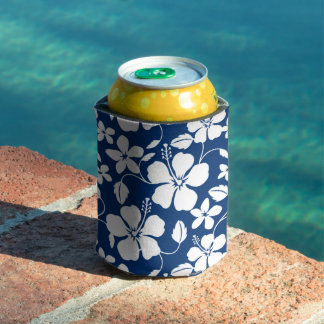 PORTA-LATA PADRÃO HAWAIIANO HULA (HIBÍSCUS) EM AZUL MARINHO