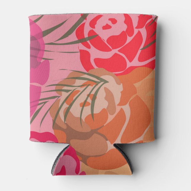 Porta-lata Padrão rosa com flores e plantas (Frente)