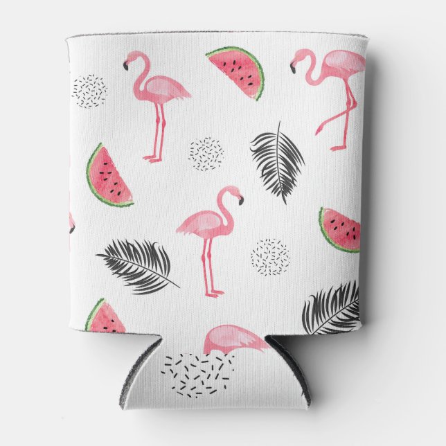 Porta-lata Padrão tropical com flamingos. (Frente)