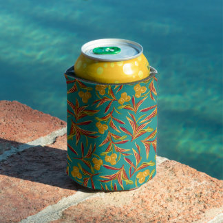 Porta-lata Padrão Tropical com Folhas Vermelhas e Amarelas