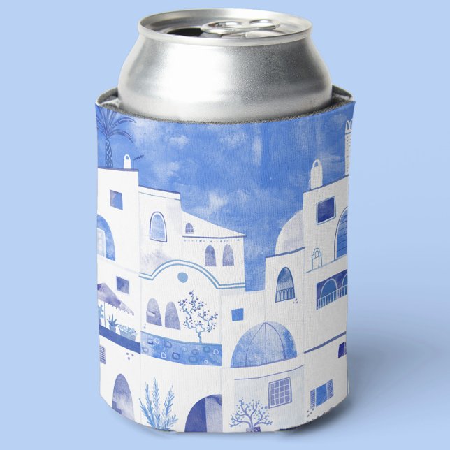 Porta-lata Paisagem de Aquarela Grega de Santorini (Blue and white watercolor Santorini painting can cooler)