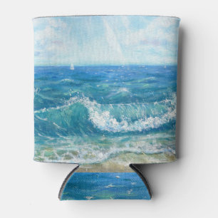 Porta-lata Paisagem de verão, ondas azuis, pintura acrílica.