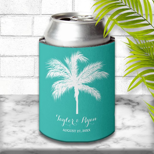 Porta-lata Palm Tree Aqua Wedding Favor (Criador carregado)