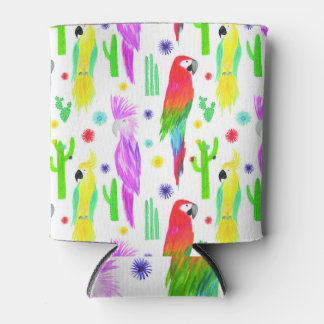 Porta-lata Papagaios coloridos, padrão desenhado à mão.