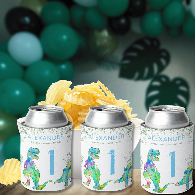 Porta-lata Partido primeiro aniversario de Dinossauro Selvage (Wild one dinosaur birthday party custom can coolers colorful watercolor T-Rex stegosaurus dino )