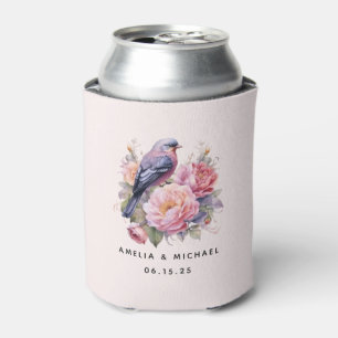 Porta-lata Pássaro Cantando sobre Peônias Rosa Casamento