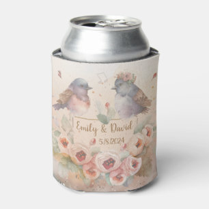 Porta-lata Pássaros amantes de aquarela com rosas para casame