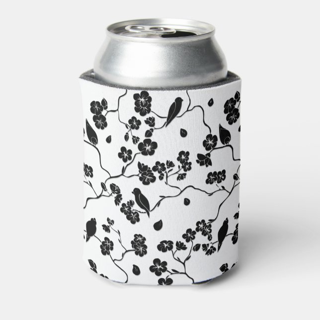 Porta-lata Pássaros com padrão preto e branco em flores de ce (Can Back)