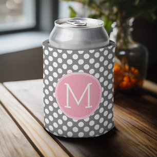 Porta-lata Pastel Pink & Gray Polka Dots - Classic Monogram