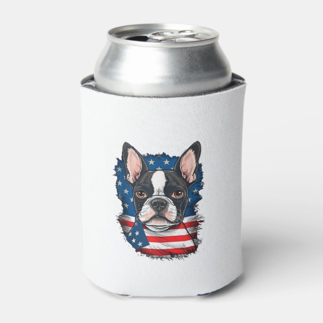 Porta-lata Patriótico Boston Terrier Dog Puppy American Flag  (Can Front)