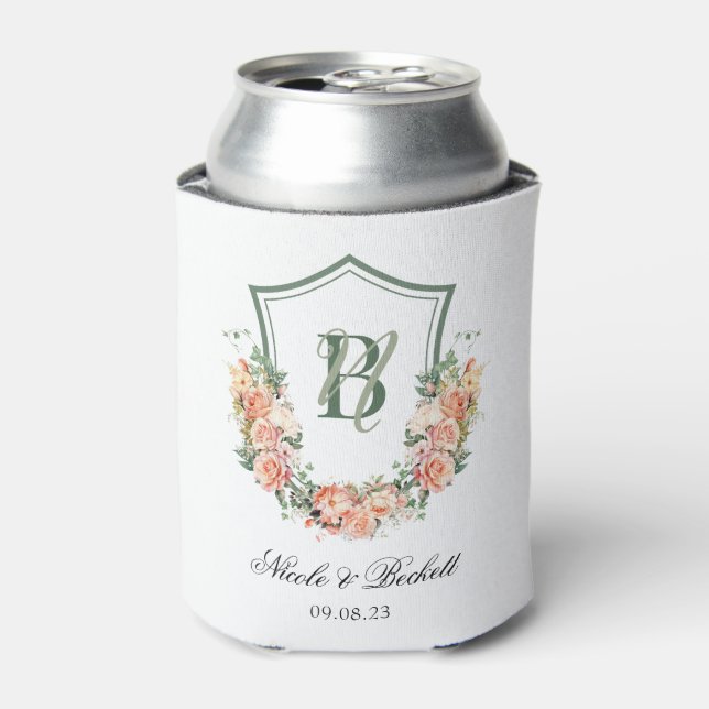 Porta-lata Peach Floral Crest Wedding Cooler (Can Front)