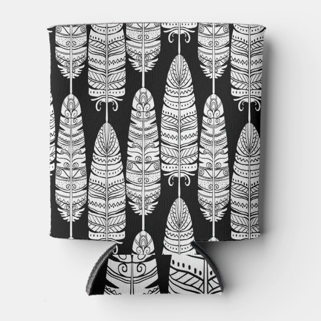 Porta-lata Penas boho: padrão preto e branco (Frente)