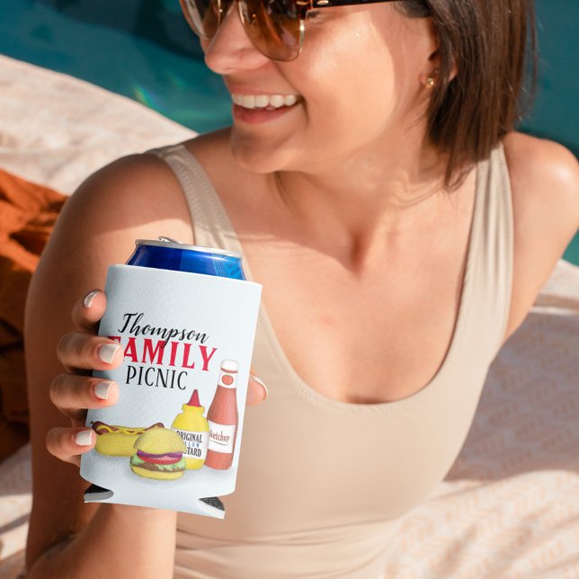 Porta-lata Personalizado de Reunião da Família Picnic Barbequ (Custom can cooler with hamburger, hotdog, ketchup and mustard design,)