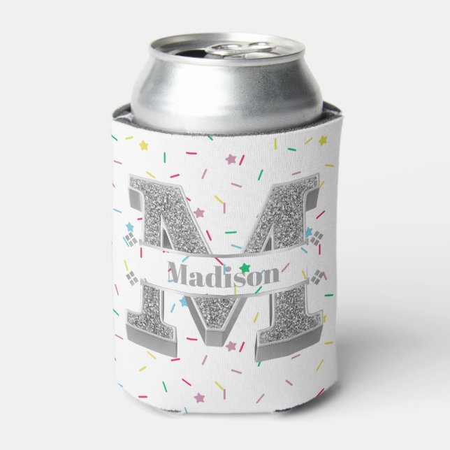 Porta-lata Personalizado M Inicial Silver Monograma Seu Nome (Can Front)