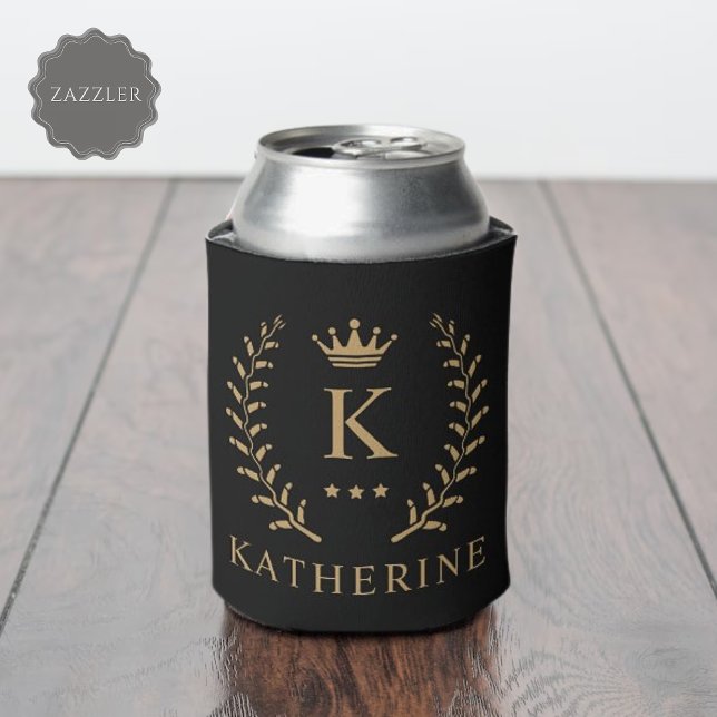 Porta-lata Personalizar o nome e o monograma Dourado preto in (Customize Name & Initial Black White Gold Monogram Can Cooler)