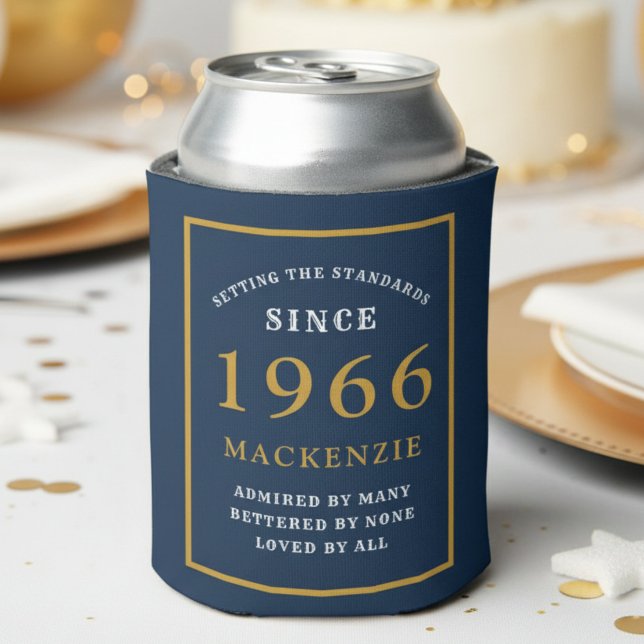 Porta-lata Personalized 60th Birthday 1966 Elegant Blue Gold (1966 blue can cooler. White background.)