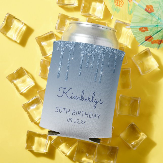 Porta-lata Personalized Blue Glitter Drip 50th Birthday (Verão in situ)