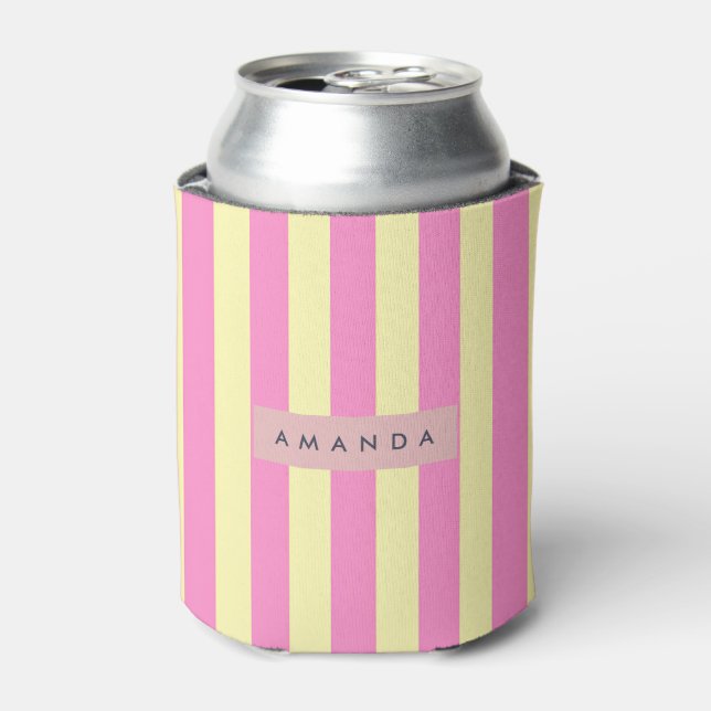 Porta-lata Personalized Sweet Pastel Pink and Yellow Stripe (Can Front)