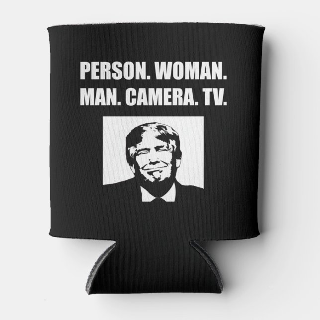 Porta-lata Pessoa. Mulher. Cara. Câmera. TV. Anti-Trump (Frente)