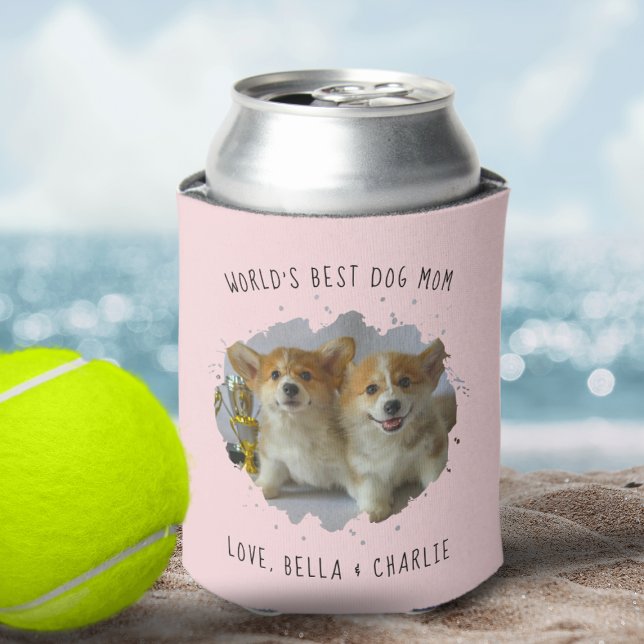 Porta-lata Pet Photo Personalizado Bonito Splash Melhor Cacho (Cute Custom Pet Photo Splash Best Dog Mom Pink Can Cooler)