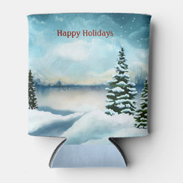 Porta-lata Pinheiros nevados perto de um lago